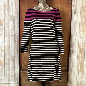White House/Black Market Dress Stretch Long Sleeve Stripes Black Fuschia White